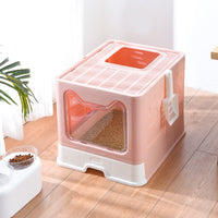 HKM-7462845 Foldable Odor-proof Cat Litter Basin with Double-door Design - Available in Pink, Blue, and Gray