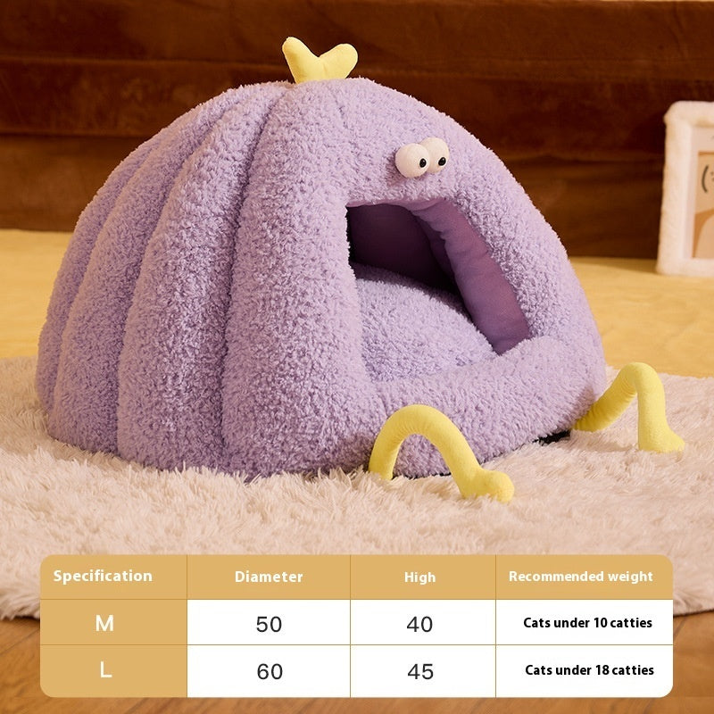 HKM-7464637 Cozy Monster-Shaped Cat Kennel ¨C Warm Semi-Enclosed Nest in Yellow, Purple, Green, Size M & L