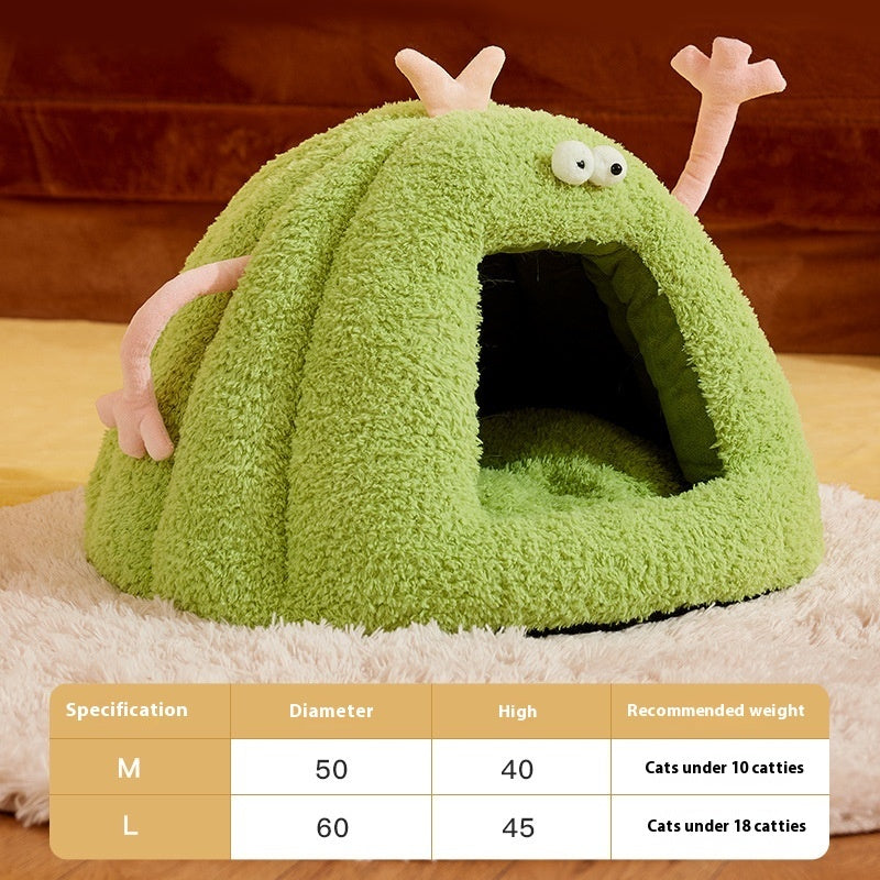HKM-7464637 Cozy Monster-Shaped Cat Kennel ¨C Warm Semi-Enclosed Nest in Yellow, Purple, Green, Size M & L