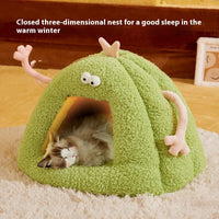 HKM-7464637 Cozy Monster-Shaped Cat Kennel ¨C Warm Semi-Enclosed Nest in Yellow, Purple, Green, Size M & L