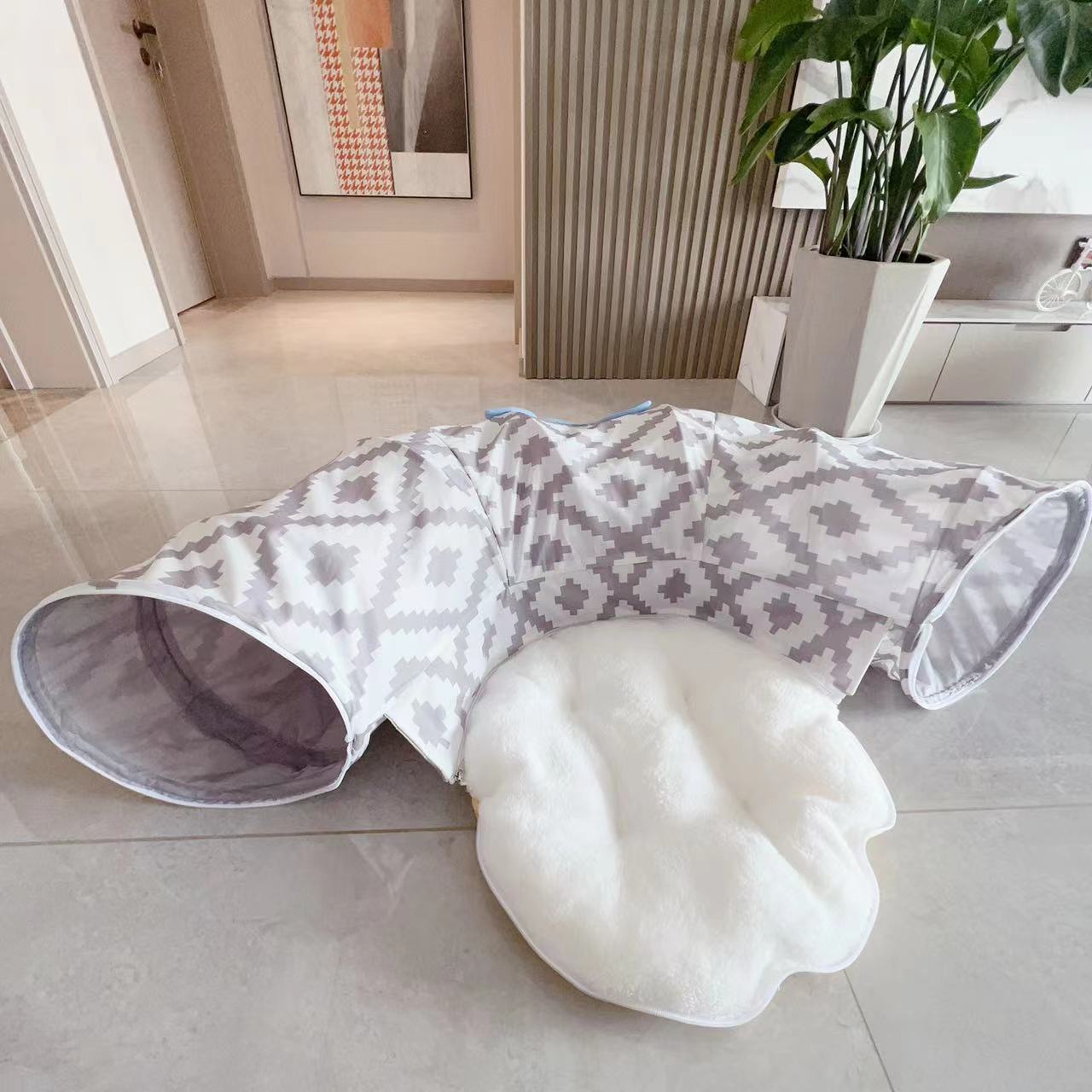 HKM-7465661 Foldable Gray Striped Cat Tunnel with Flannel and Steel Wire - 30x100CM