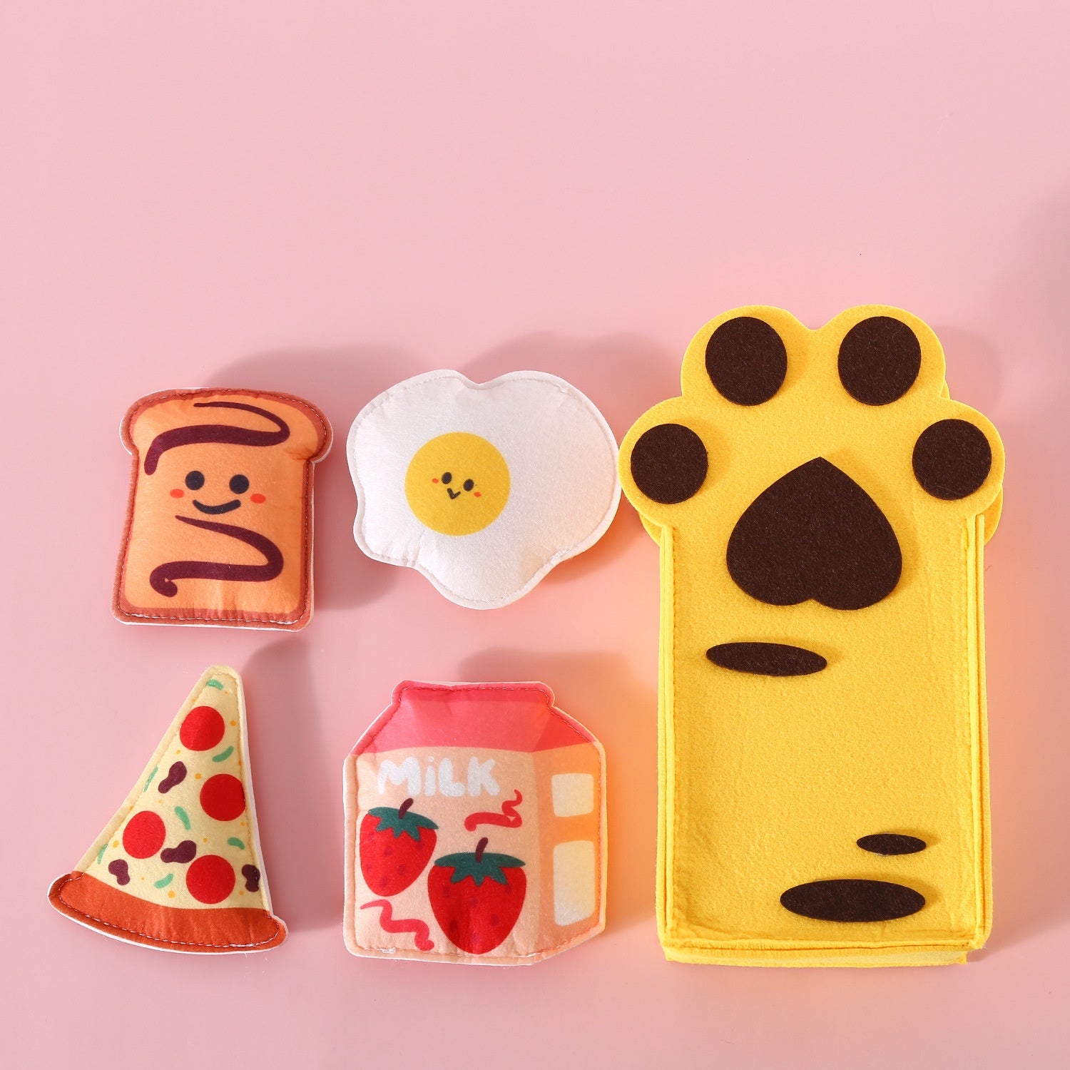 HKM-7471165 Felt Toy Cat Paw Bag Set with Catnip Bell - Yellow & Pink Plush Teasers for Cats