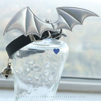 HKM-7474109 Little Devil Wings Bell Leather Choker in Patent Satin