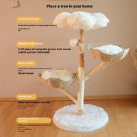 HKM-7475389 Natural Wood Cat Climbing Frame with Double Nest Design and Rattan Features - 58x58x113CM