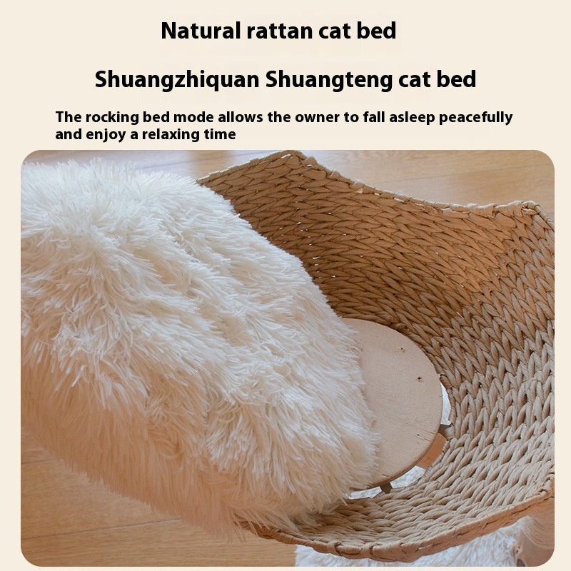 HKM-7475389 Natural Wood Cat Climbing Frame with Double Nest Design and Rattan Features - 58x58x113CM