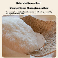 HKM-7475389 Natural Wood Cat Climbing Frame with Double Nest Design and Rattan Features - 58x58x113CM