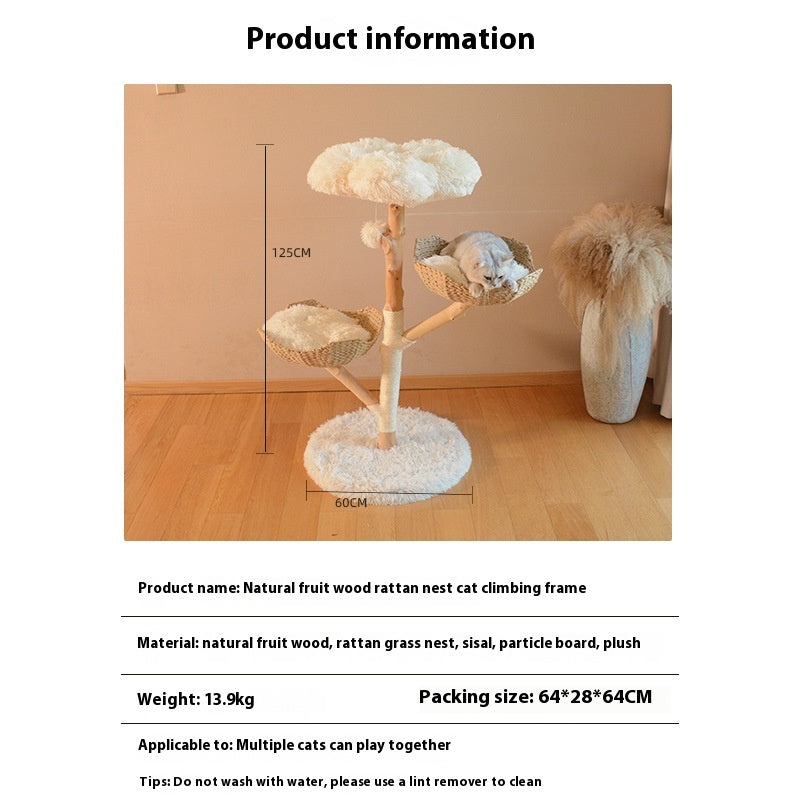 HKM-7475389 Natural Wood Cat Climbing Frame with Double Nest Design and Rattan Features - 58x58x113CM