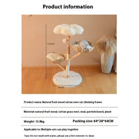 HKM-7475389 Natural Wood Cat Climbing Frame with Double Nest Design and Rattan Features - 58x58x113CM