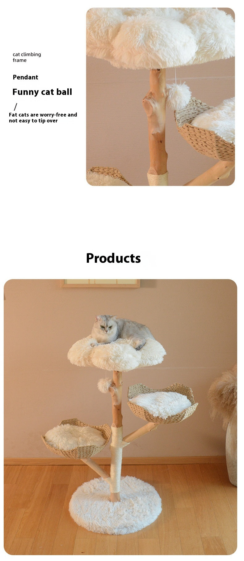 HKM-7475389 Natural Wood Cat Climbing Frame with Double Nest Design and Rattan Features - 58x58x113CM