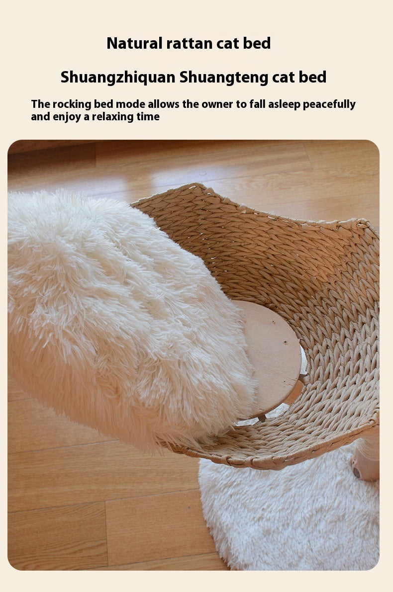HKM-7475389 Natural Wood Cat Climbing Frame with Double Nest Design and Rattan Features - 58x58x113CM