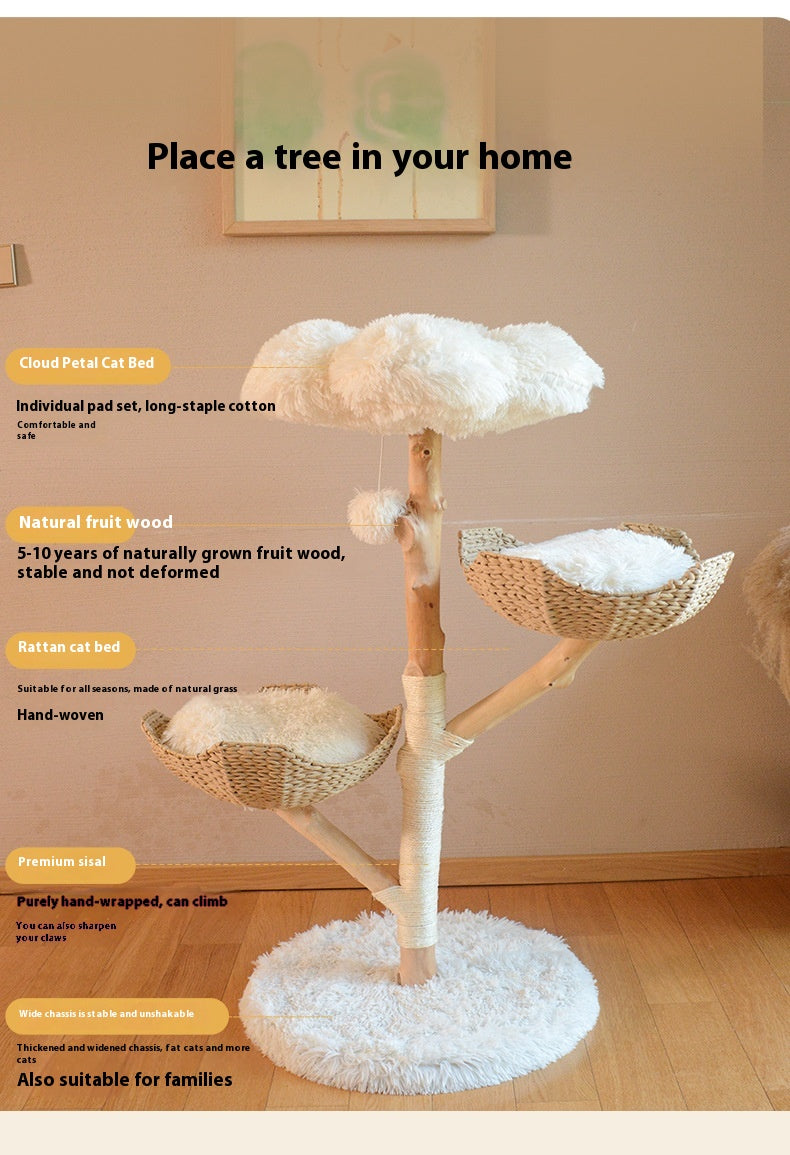 HKM-7475389 Natural Wood Cat Climbing Frame with Double Nest Design and Rattan Features - 58x58x113CM