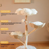 HKM-7475389 Natural Wood Cat Climbing Frame with Double Nest Design and Rattan Features - 58x58x113CM