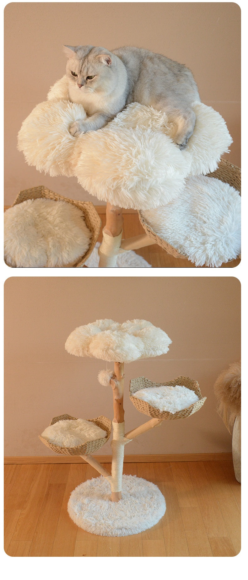 HKM-7475389 Natural Wood Cat Climbing Frame with Double Nest Design and Rattan Features - 58x58x113CM