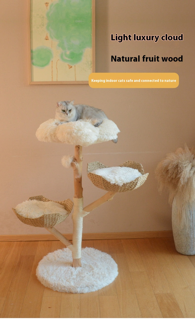 HKM-7475389 Natural Wood Cat Climbing Frame with Double Nest Design and Rattan Features - 58x58x113CM