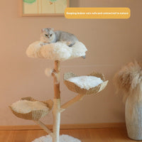 HKM-7475389 Natural Wood Cat Climbing Frame with Double Nest Design and Rattan Features - 58x58x113CM