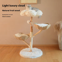 HKM-7475389 Natural Wood Cat Climbing Frame with Double Nest Design and Rattan Features - 58x58x113CM