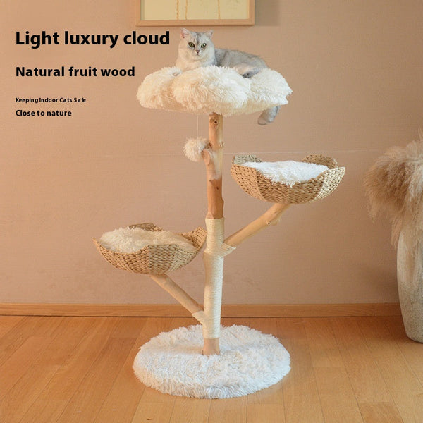 HKM-7475389 Natural Wood Cat Climbing Frame with Double Nest Design and Rattan Features - 58x58x113CM