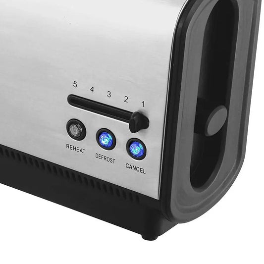 HKM-747603 900W Stainless Steel Long Slot Toaster with Cancel, Reheat, and Defrost Functions for 2 Slices