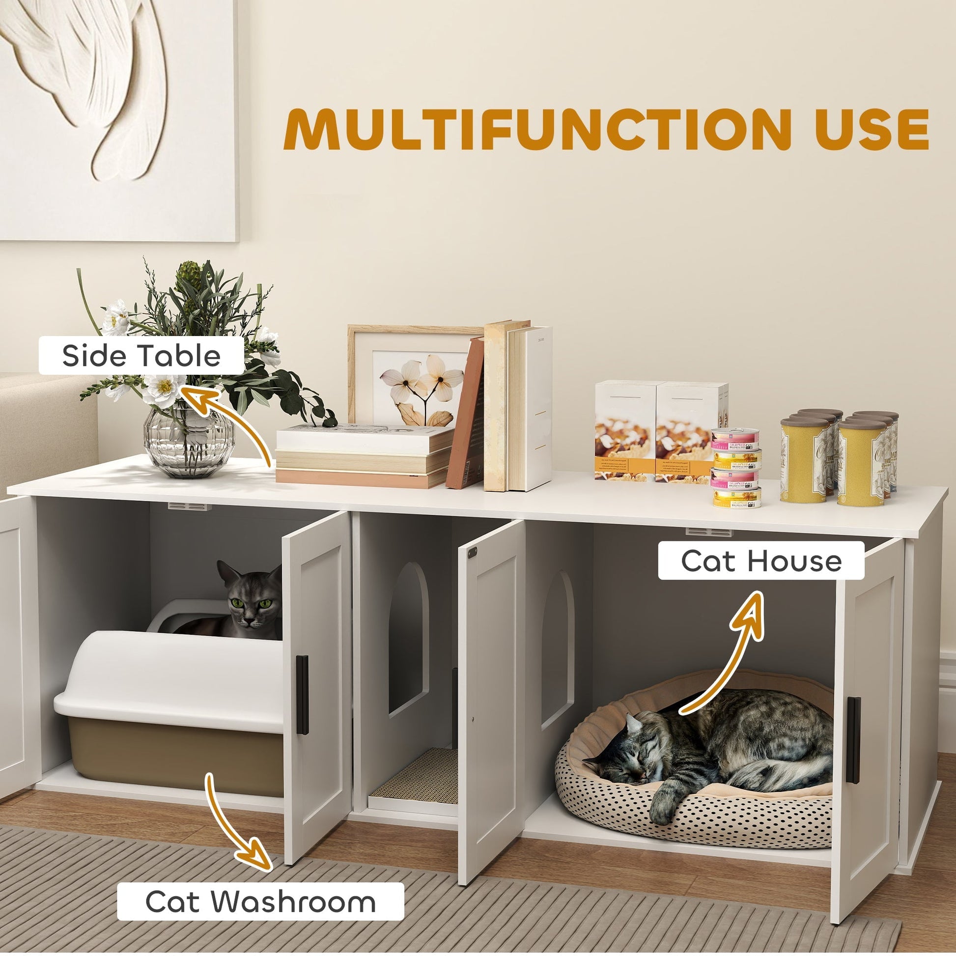 HKM-7477565 Double Room Cat Litter Box Enclosure with Scratching Mat, White, 57 x 19 x 20 Inches, for Two Cats
