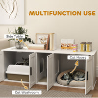 HKM-7477565 Double Room Cat Litter Box Enclosure with Scratching Mat, White, 57 x 19 x 20 Inches, for Two Cats