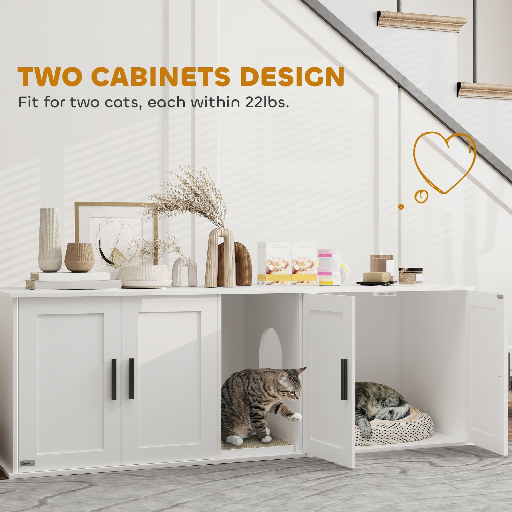 HKM-7477565 Double Room Cat Litter Box Enclosure with Scratching Mat, White, 57 x 19 x 20 Inches, for Two Cats