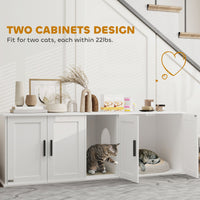 HKM-7477565 Double Room Cat Litter Box Enclosure with Scratching Mat, White, 57 x 19 x 20 Inches, for Two Cats