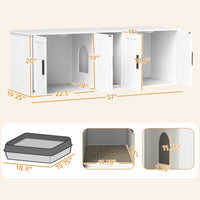 HKM-7477565 Double Room Cat Litter Box Enclosure with Scratching Mat, White, 57 x 19 x 20 Inches, for Two Cats