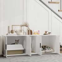 HKM-7477565 Double Room Cat Litter Box Enclosure with Scratching Mat, White, 57 x 19 x 20 Inches, for Two Cats