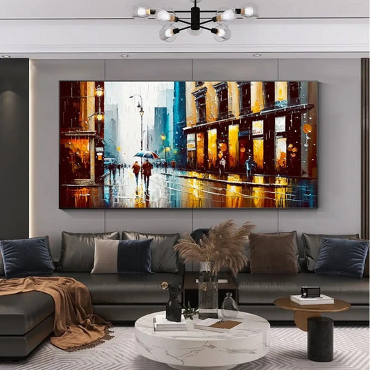 HKM-747795 Handmade Oil Painting Canvas - Modern Abstract Urban Architectural Street Scene Wall Art for Home Decor