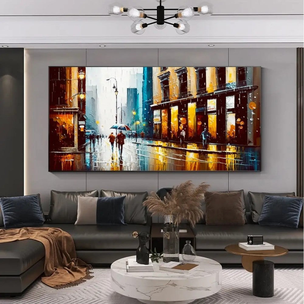 HKM-747795 Handmade Oil Painting Canvas - Modern Abstract Urban Architectural Street Scene Wall Art for Home Decor