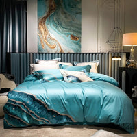 HKM-748179 Luxury Cotton Satin Quilt Cover Set with Ocean Embroidery - 4 Piece Bedding Collection