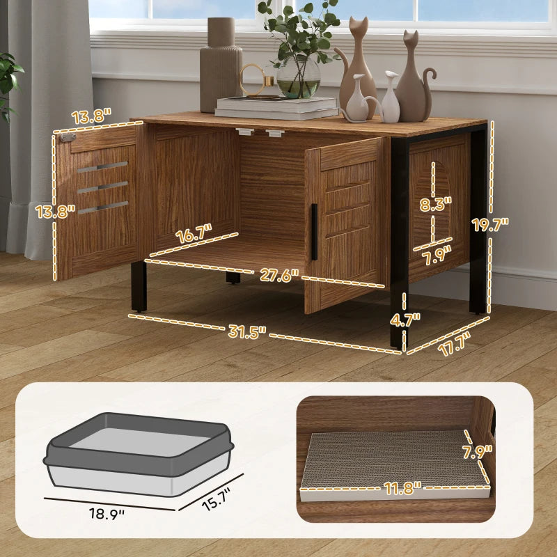 HKM-7483325 Cat Litter Box Enclosure with Scratching Board and Tall Legs, Dark Brown Wood Finish