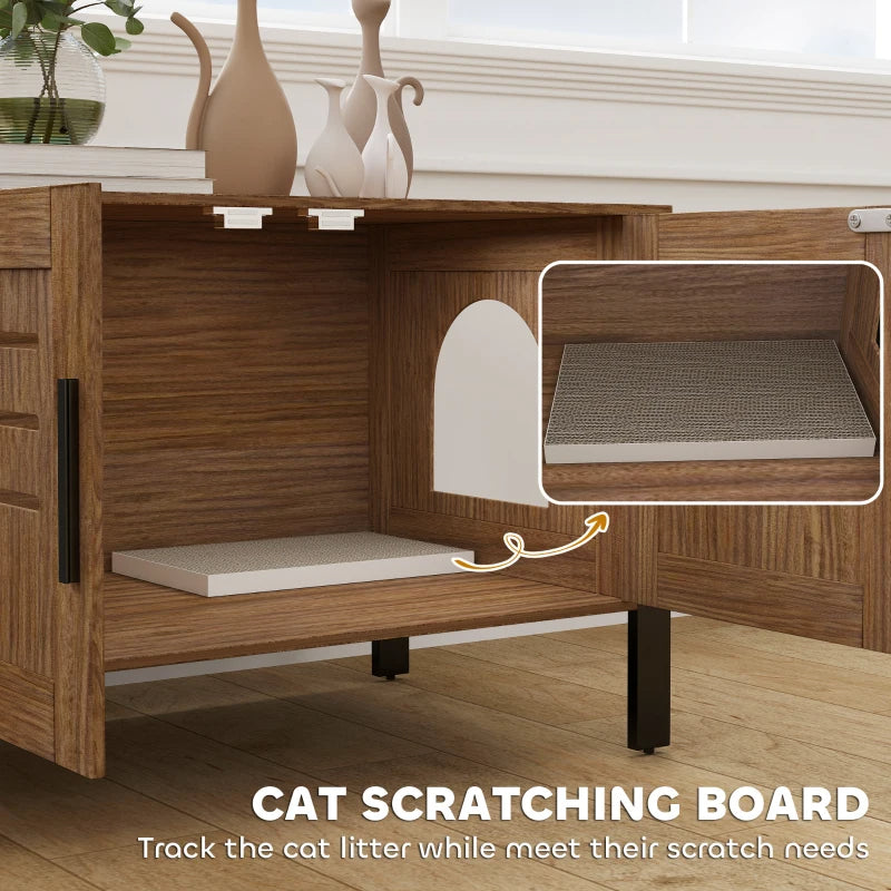 HKM-7483325 Cat Litter Box Enclosure with Scratching Board and Tall Legs, Dark Brown Wood Finish