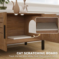 HKM-7483325 Cat Litter Box Enclosure with Scratching Board and Tall Legs, Dark Brown Wood Finish