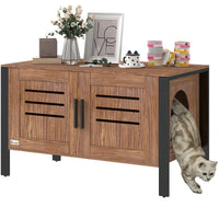 HKM-7483325 Cat Litter Box Enclosure with Scratching Board and Tall Legs, Dark Brown Wood Finish