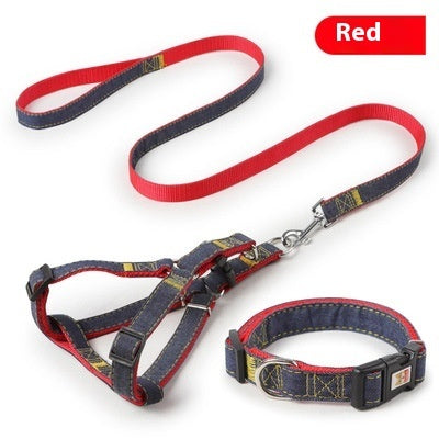 HKM-7489085 Red, Blue, Pink, or Black Dog Leash Set for Front & Back Traction - Denim Material - Includes Collar