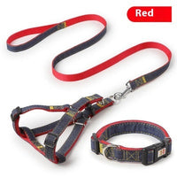 HKM-7489085 Red, Blue, Pink, or Black Dog Leash Set for Front & Back Traction - Denim Material - Includes Collar