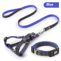 HKM-7489085 Red, Blue, Pink, or Black Dog Leash Set for Front & Back Traction - Denim Material - Includes Collar