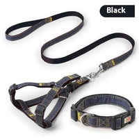 HKM-7489085 Red, Blue, Pink, or Black Dog Leash Set for Front & Back Traction - Denim Material - Includes Collar