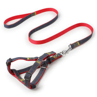 HKM-7489085 Red, Blue, Pink, or Black Dog Leash Set for Front & Back Traction - Denim Material - Includes Collar