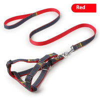 HKM-7489085 Red, Blue, Pink, or Black Dog Leash Set for Front & Back Traction - Denim Material - Includes Collar