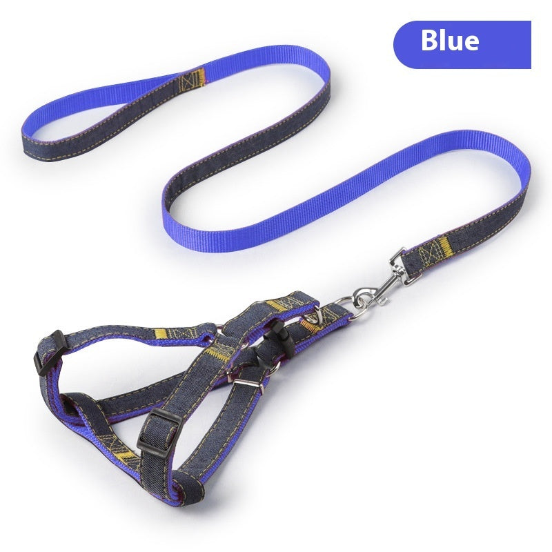 HKM-7489085 Red, Blue, Pink, or Black Dog Leash Set for Front & Back Traction - Denim Material - Includes Collar