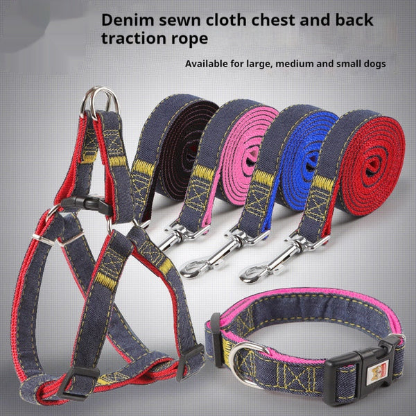 HKM-7489085 Red, Blue, Pink, or Black Dog Leash Set for Front & Back Traction - Denim Material - Includes Collar