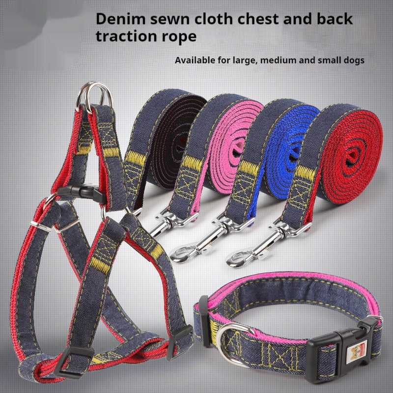 HKM-7489085 Red, Blue, Pink, or Black Dog Leash Set for Front & Back Traction - Denim Material - Includes Collar