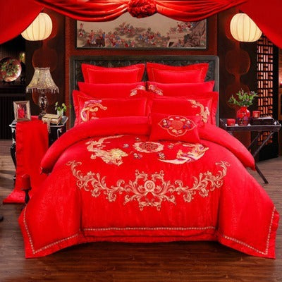 HKM-749011 Elegant Dragon and Phoenix Four-Piece Cotton Bedding Set - Suitable for Various Bed Sizes