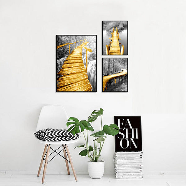 HKM-749011 Nordic Yellow Wooden Bridge Black and White Landscape Poster for Living Room Décor