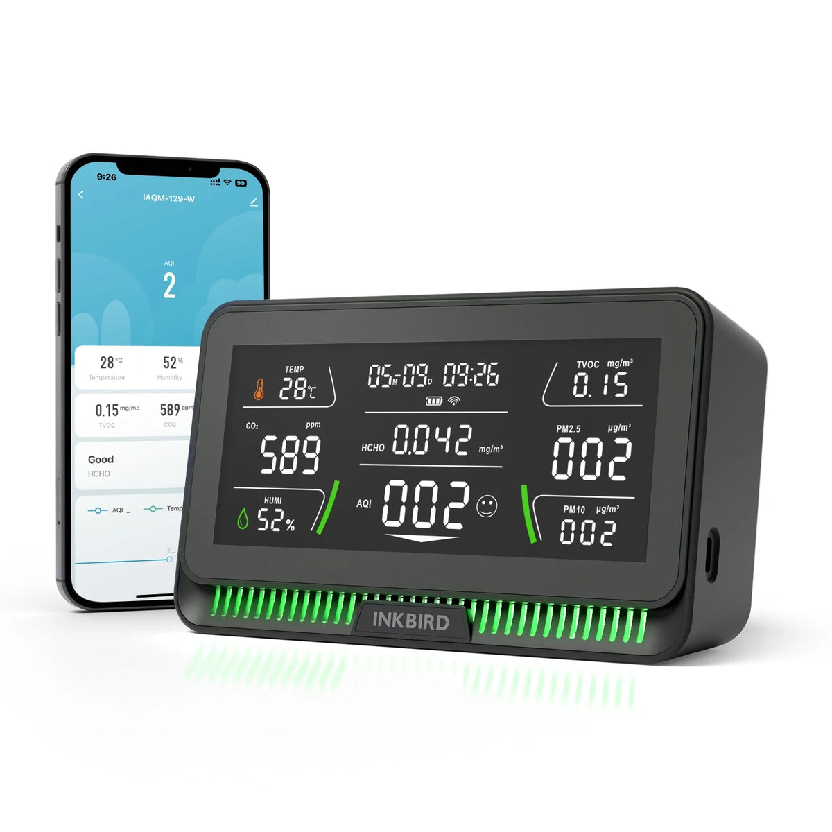 HKM-749203 WiFi Air Quality Monitor for CO2, PM2.5, PM10, TVOC, HCHO, AQI, Temperature, and Humidity Analysis