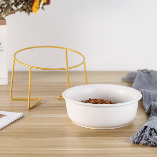 HKM-7493565 Tilted Ceramic Cat Bowl with Stainless Steel Base - Modern Design for Elevated Feeding