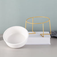 HKM-7493565 Tilted Ceramic Cat Bowl with Stainless Steel Base - Modern Design for Elevated Feeding