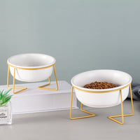HKM-7493565 Tilted Ceramic Cat Bowl with Stainless Steel Base - Modern Design for Elevated Feeding
